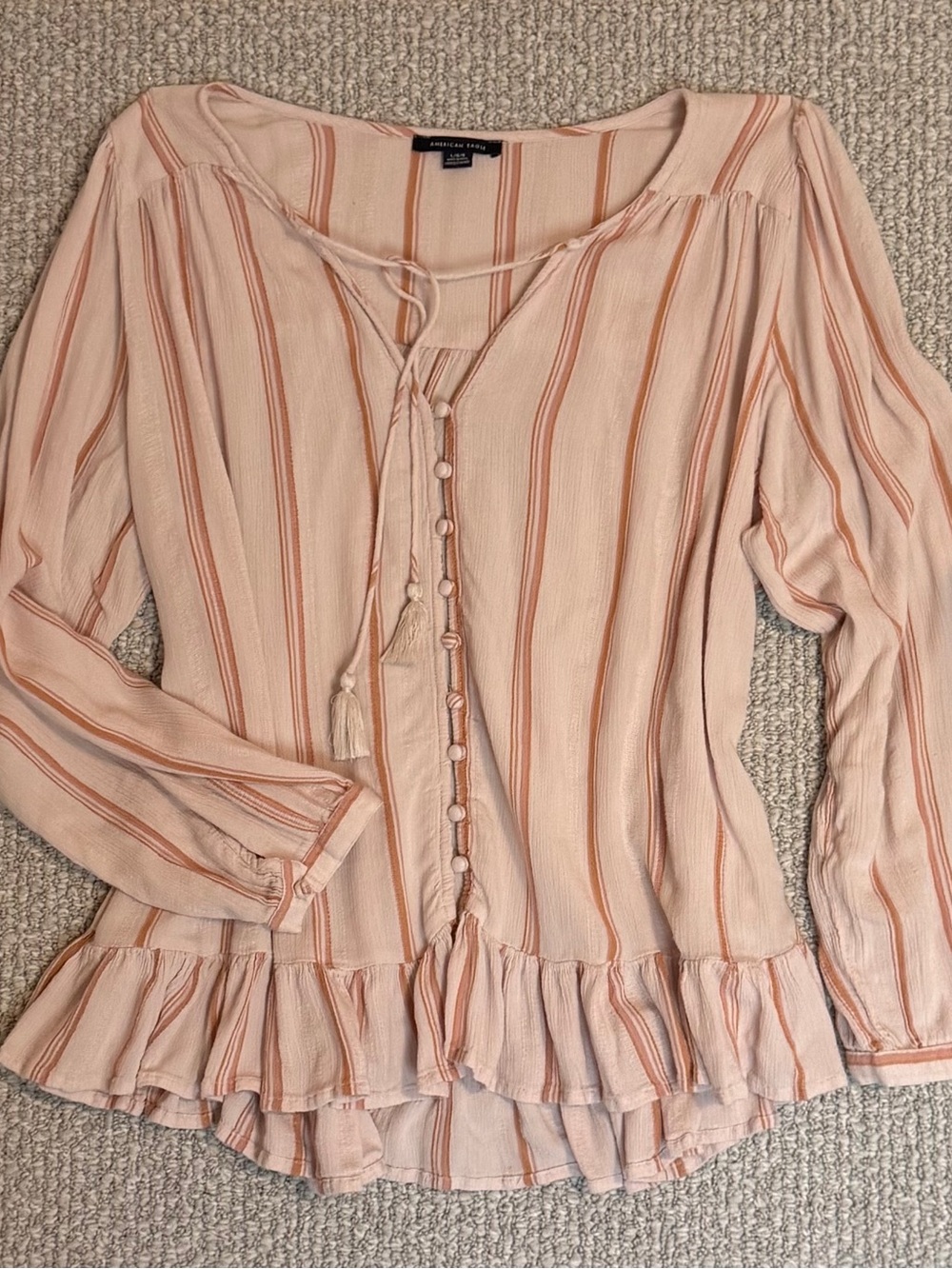 American Eagle Outfitters Blush and Rust Striped Peasant Retro Top size L